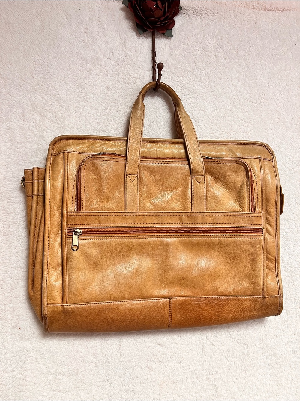 Classic Tan Leather Briefcase with Front Zip Pocket - Men's Business Bag